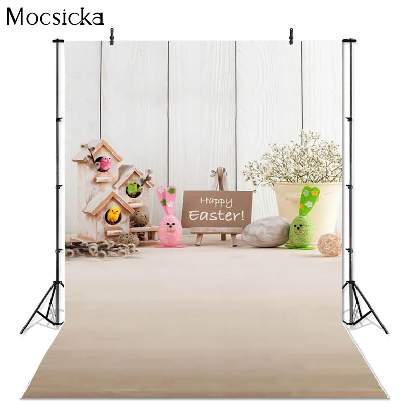 

Mocsicka Happy Easter Photography Background Bunny Chick Wooden House Decoration Props Baby Shower Photo Backdrop Studio