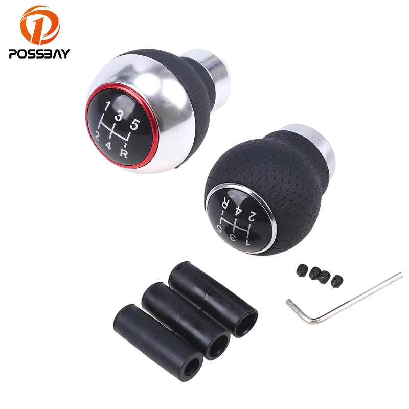 

POSSBAY 5 Speed Universal Aluminum Manual Gear Shift Knob Shifter Lever Black Leather Round Shape Head Handball Shift Knobs