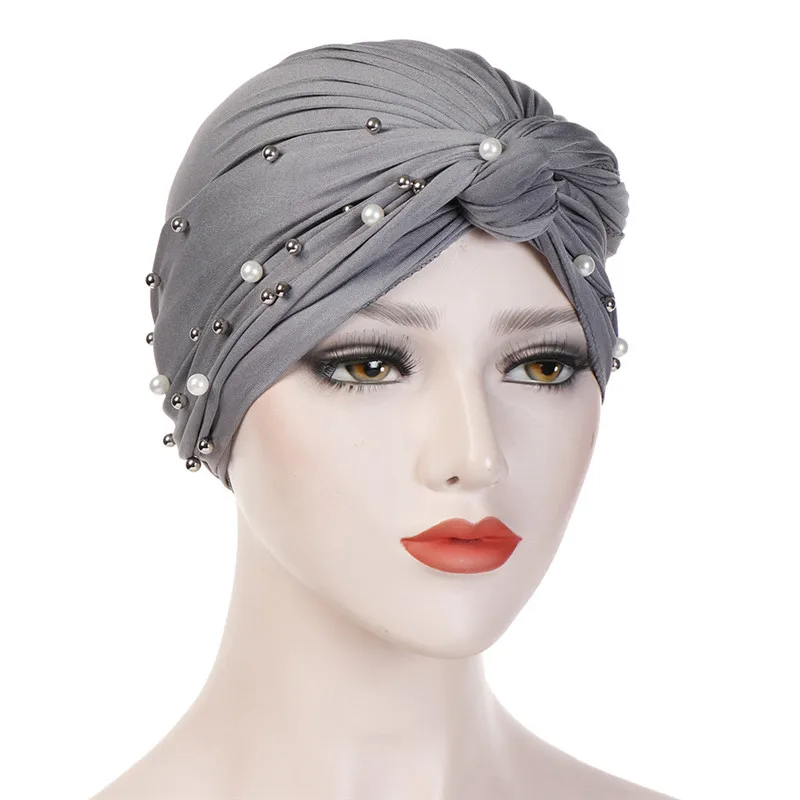 

2021 женский шарф Для женщин эластичные мусульманский тюрбан повязки на голову, Исламская Индия шапки бусины шапки Хемо головные уборы узлом ...