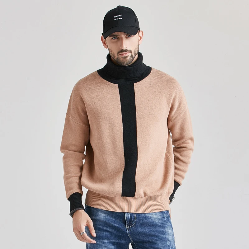 Весна 2020 хаки свитер с высоким воротником мужской пуловер в стиле пэчворк