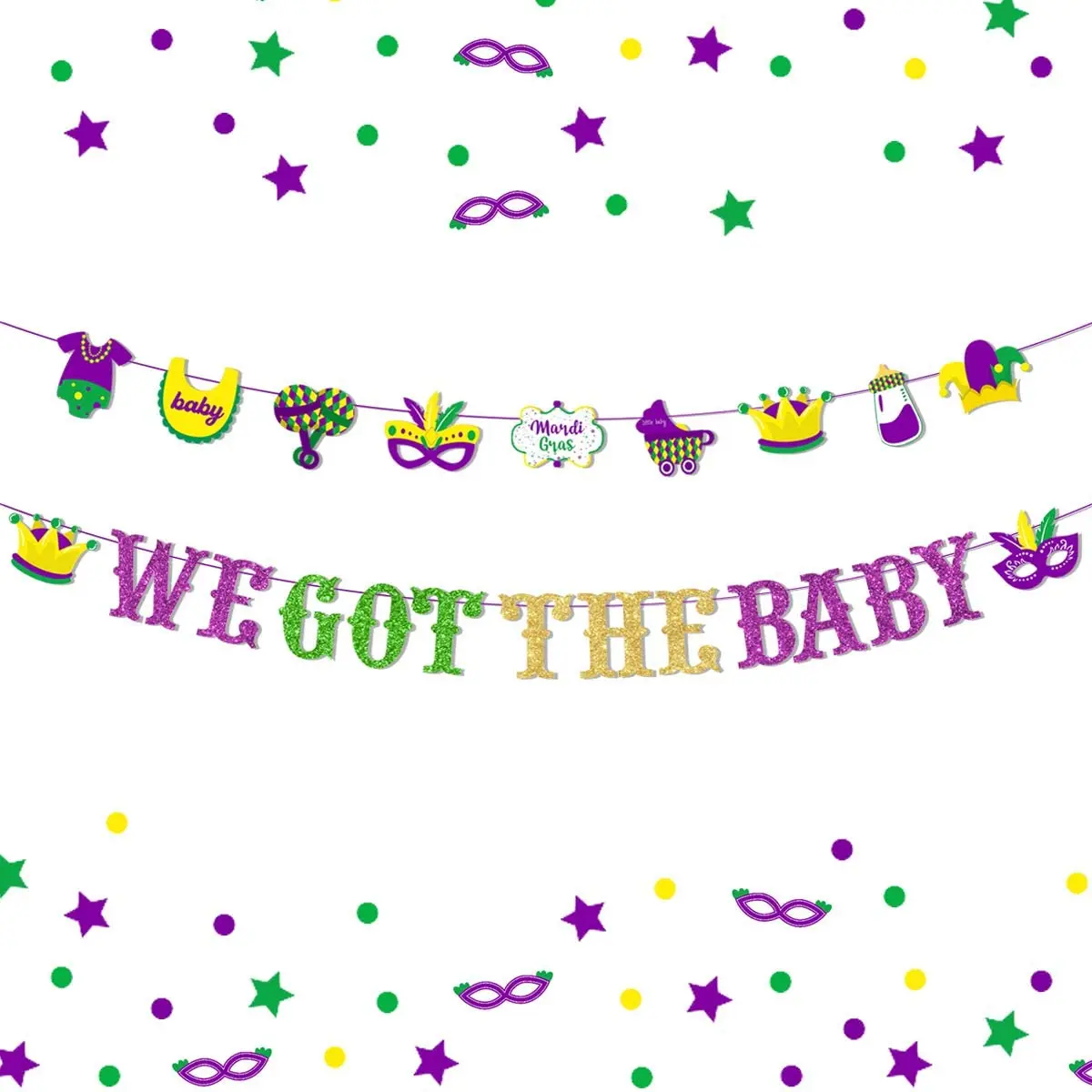 

JOYMEMO Mardi Gras Themed Baby Shower Decorations We Got the Baby Banner Hanging Garland for Baby Shower Party Decor Supplies