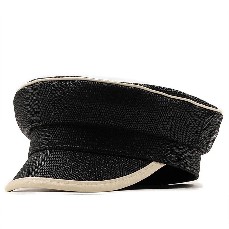 

Winter PU Leather Black beige Berets Women Military Hat Gorras Snapback Caps Female Girls Casquette Leather Flat Cap