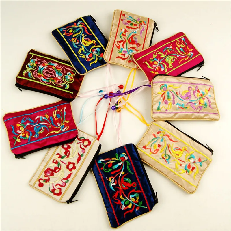 10pcs Bells Chinese style Embroidery Small Satin Pouch Zipper Jewelry Gift Bag Card Holder Women Coin Purse Packaging