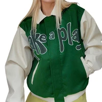 green womens bomber jacket autumn 2021 fashion turn down collar patchwork long sleeve casual baseball uniform womens jacket