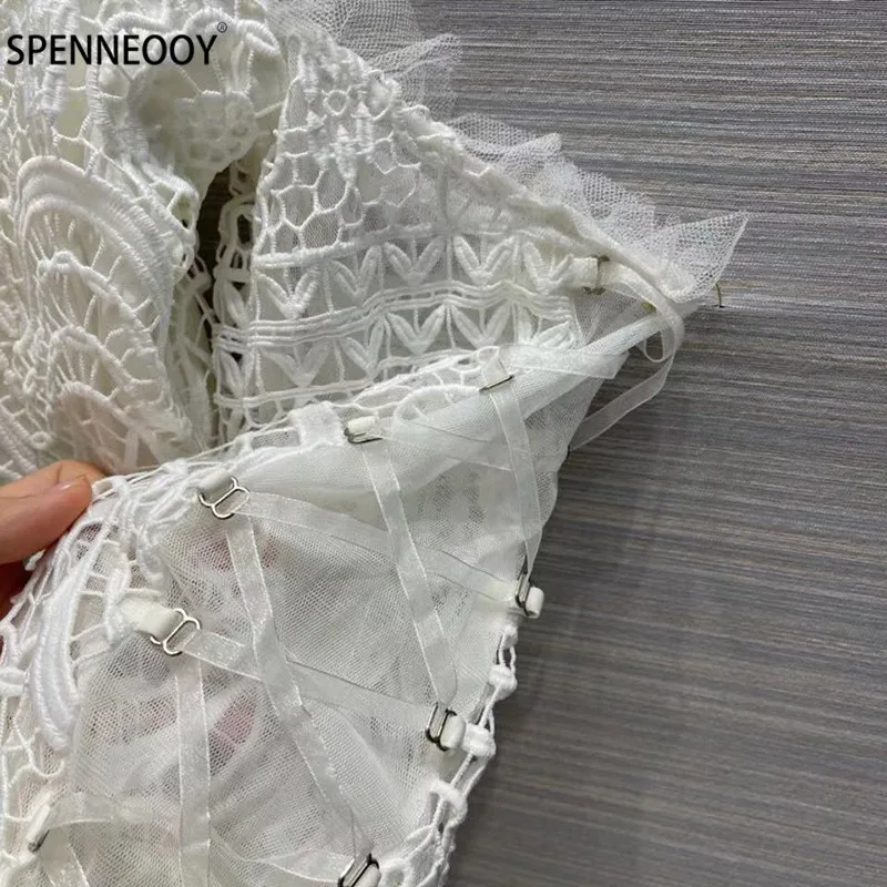 SPENNYMOOR 2021 Designer Brand Sexy Hollow Out Embroidery White Two Piece Set Women Off Shoulder Blouse + Ruffles Shorts