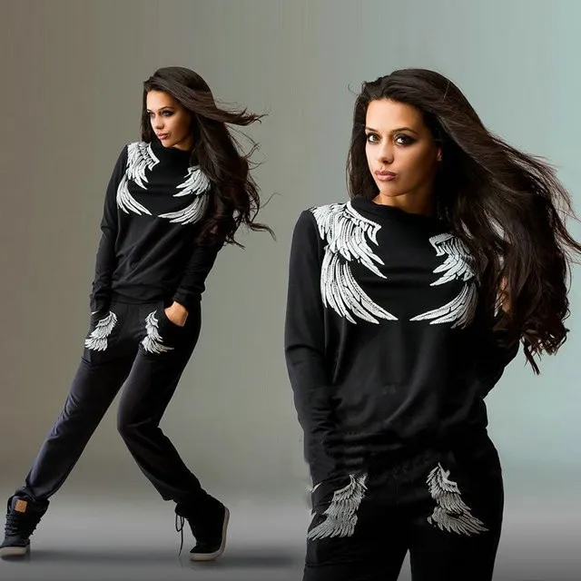

Autumn Winter Women Tracksuit 2 Piece Set Printed Wings Pattern Pullover + Long Pants Sports Suit Female Sweatshirt Sportswear
