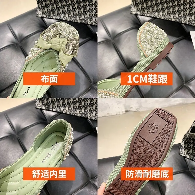 

Spring 2020 new rhinestone square toe flat shoes fairy style sweet bow single shoes women's wild soft sole shoes X316