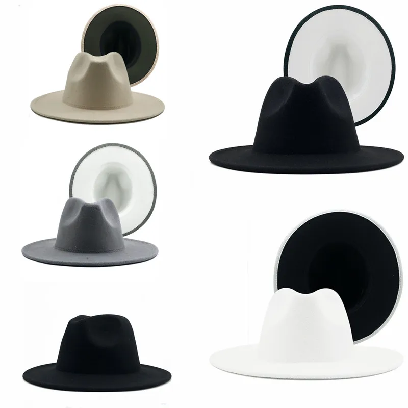 

Classic Black White Patchwork Wool Felt Fedora Hat Simple Unisex Cotton Polyester Wide Brim Fedora Panama Hat Wholesale