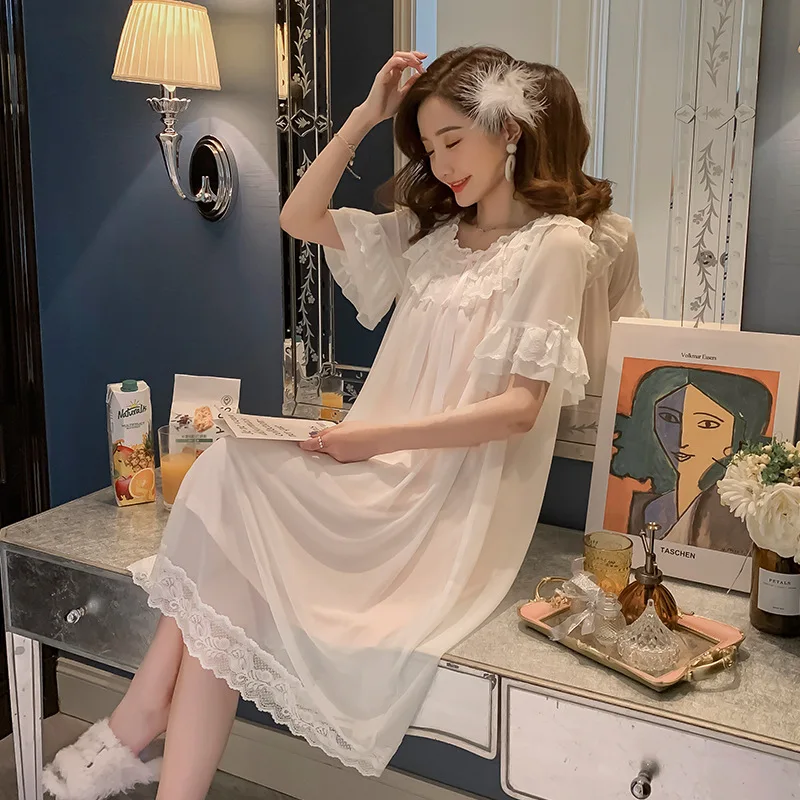 New Lace Court Nightdress Women's Summer Fresh Princess Long Dress Casual Korean Short Sleeve Sexy Nightgown Lady Sleepwear