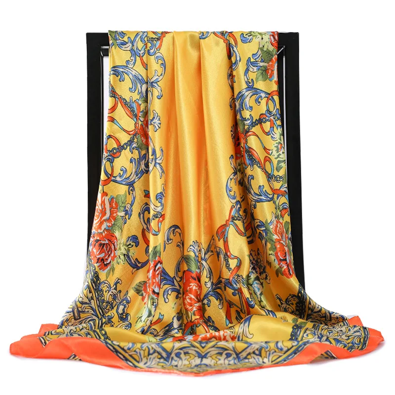 

2021 Spring Popular Print Large Hijab Sunscreen Silk Satin Hair Scarf Fashion Kerchief Neck Scarves Female 90X90CM Square Shawls
