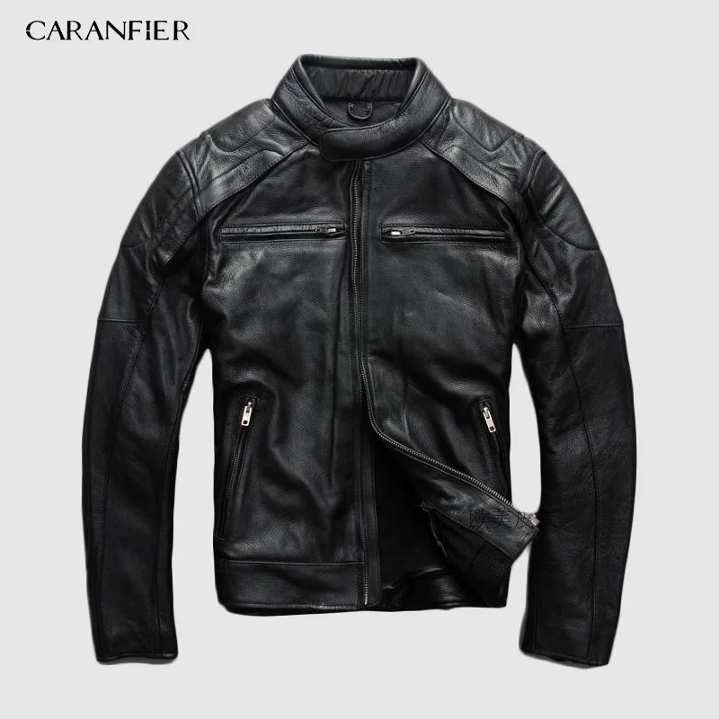 CARANFIER Натуральная мужская кожаная куртка съемная подкладка мотоциклетная