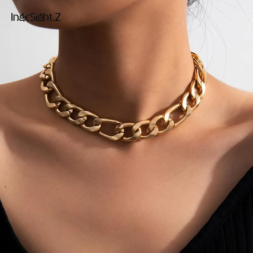 

IngeSight.Z Gold Color Chunky Thick Curb Miami Short Choker Necklace for Women Link Chain Clavicle Necklaces On the Neck Jewelry