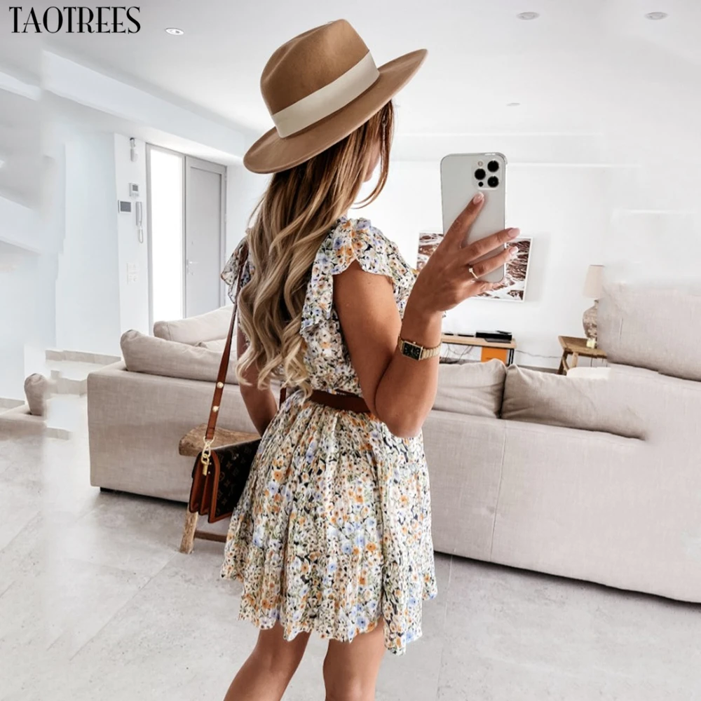

Taotrees Preorder Sexy V-neck Women Dress floral print high waist summer dress Ladies ruffled sleeveless sundress beach dress