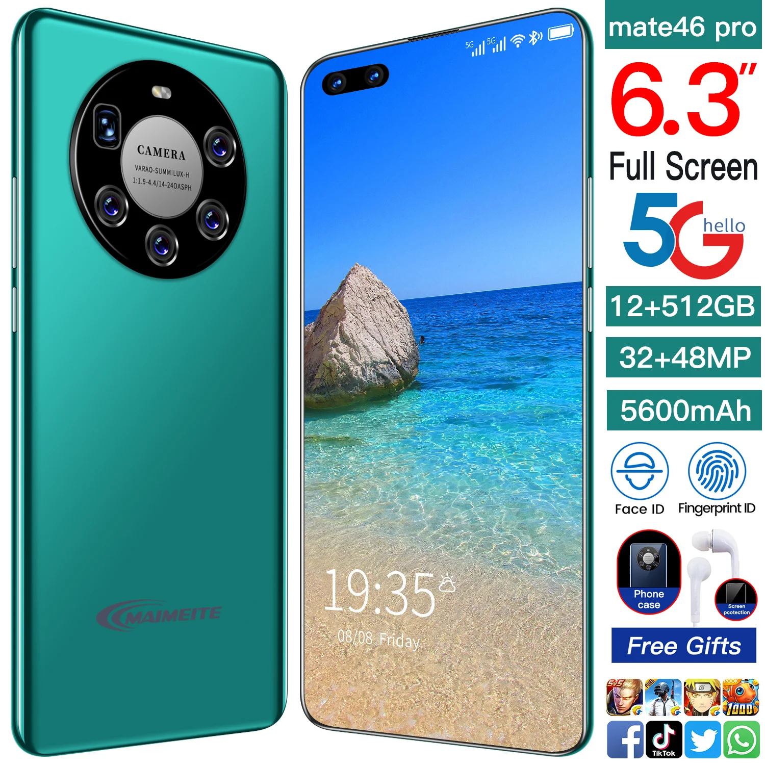 

Global Version Mate46 Pro 6.3 Smartphone 12 + 512G Full Screen Mobile Phone Android 5600mAh Large Battery 5G Working Cell Phone