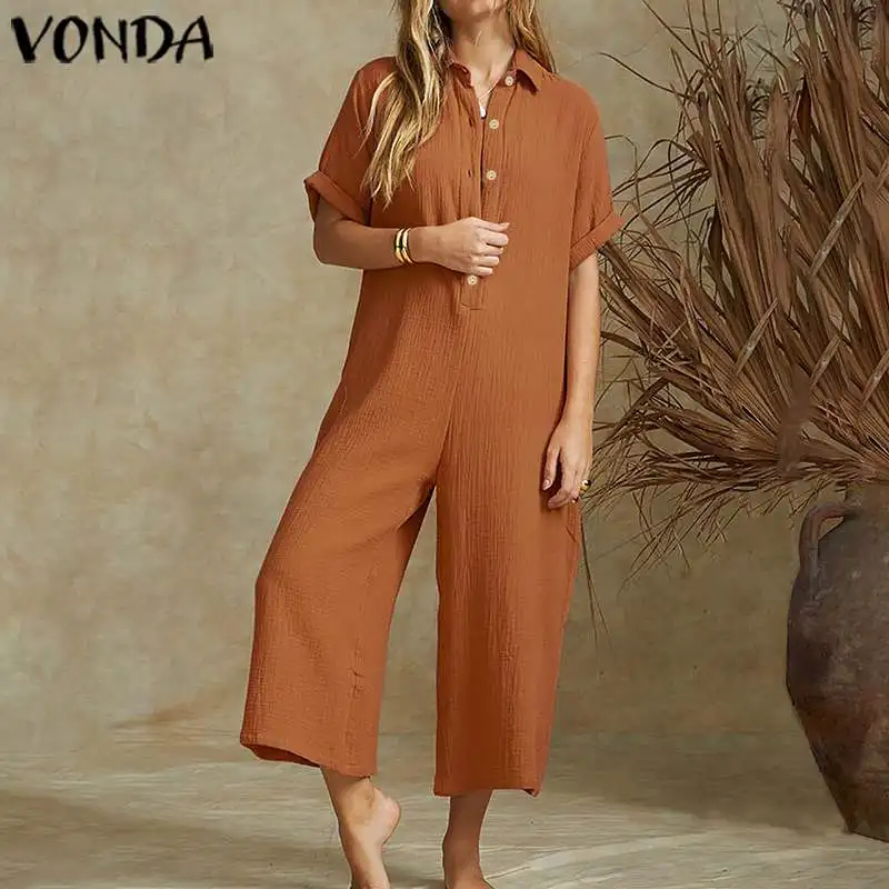 VONDA винтажные широкие брюки женские летние комбинезоны, женские костюмы с коротким рукавом плюс размер Комбинезоны элегантный женский комбинезон