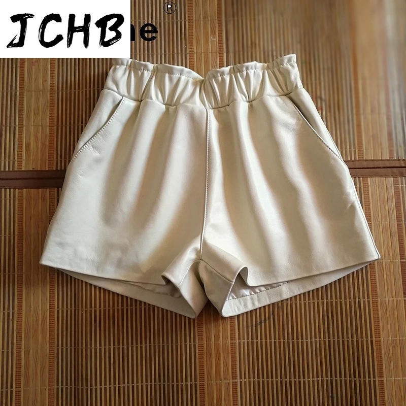 SHZQJCHB 2021 Women Trousers Real Sheepskin Women's Shorts Genuine Leather Shorts Female Clothing Spodnie Damskie TN2321