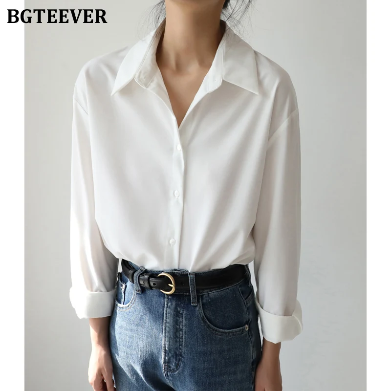 

BGTEEVER повседневные свободные однобортные женские белые рубашки 2022 отложной воротник с длинным рукавом Базовые Женские блузки женские топы