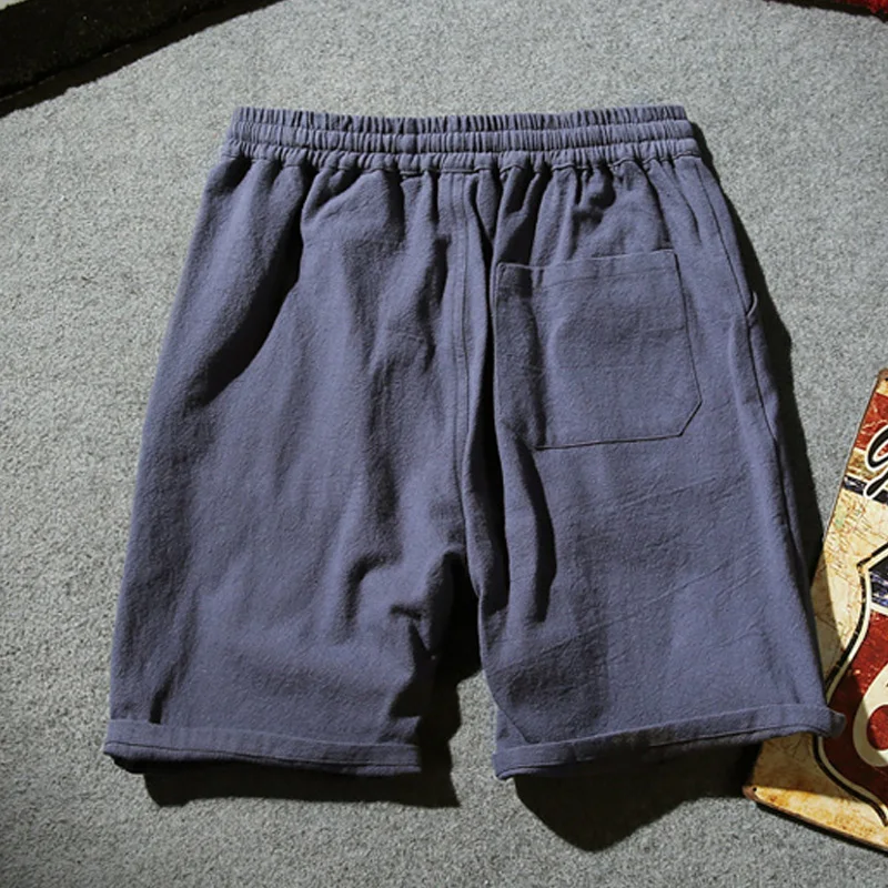 Шорты мужские с завязками на талии хлопково-льняные однотонные Короткие штаны