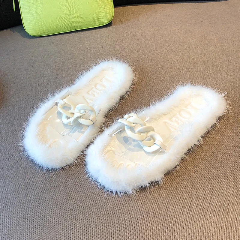 

Новые женские летние тапочки 2021, прозрачные тапочки из резины и меха норки, изысканные плоские тапочки с цепочкой