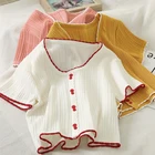 Футболка женская трикотажная с V-образным вырезом и коротким рукавом, на пуговицах, с воланом, лето короткие футболки