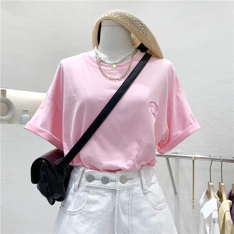

Fashion Pink Short Sleeve Clothing Women Summer 2021 Cute Puppy Embroidery Loose Woman Tshirts Loose All Match Tops Tee