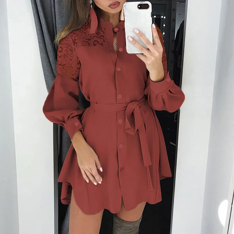 

White Plus Size Autumn Spring Fashion Long Shirt Dress Women Solid Long Sleeve Lace Patchwork Belt Party Mini Sundress Vestidos