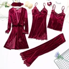 Комплект пижамный Женский, из 6 предметов, с золотистым вельветом, кружевной, без рукавов, на весну, 2020