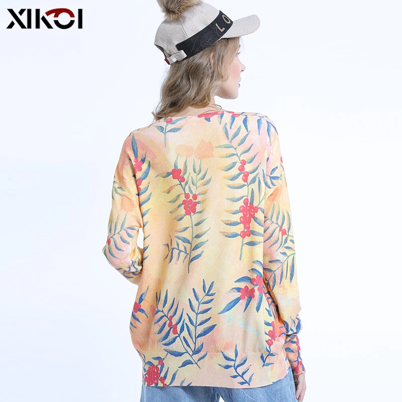 Зимние свитера XIKOI с цветочным принтом для женщин вязаные пуловеры оверсайз
