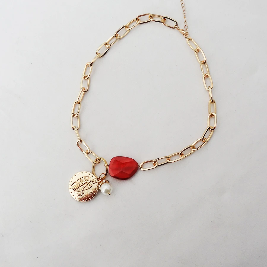 

Punk Chain Necklace With Pendant Acrylic Block Pearl Medallion Pendant Necklace Jewelry with Accessory