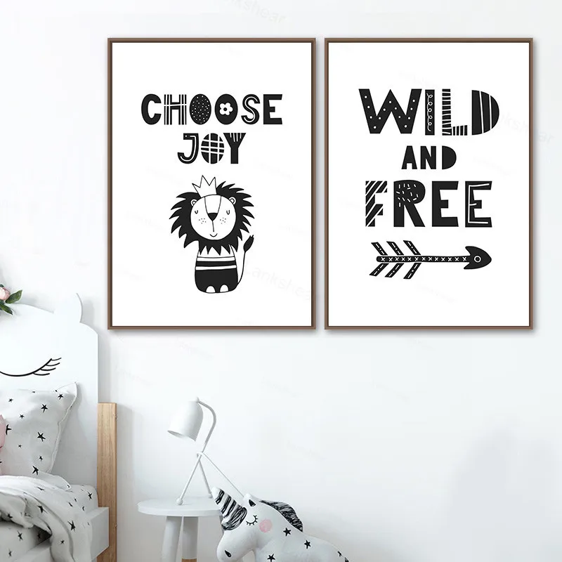 Минималистичная черно-белая Картина на холсте плакат мультяшный Лев кот девочка