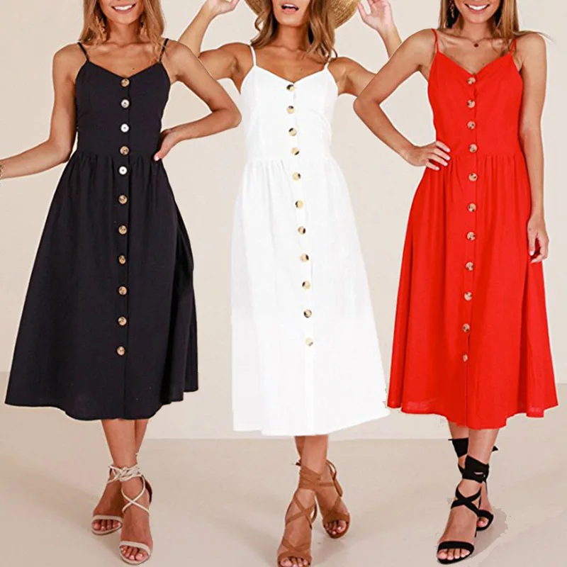 

Bikoles 2021 Summer Fashion Sexy Spaghetti Strap Empire Buttons Women's Dress New Elegant Casual Backless A Line Ladies Sundress