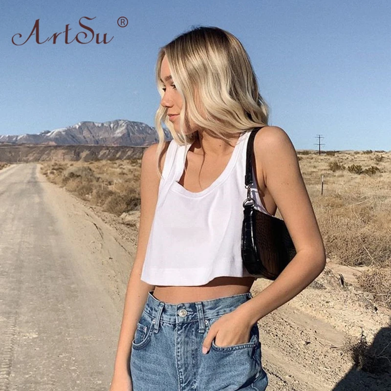 Женский укороченный топ с u-образным вырезом ArtSu Белый Свободный Топ без рукавов