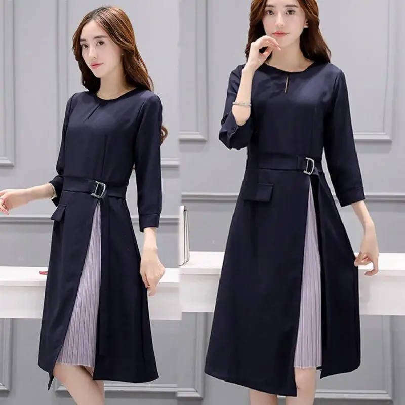 

2022 Autumn New Simple Blue Dress Korean Loose Thin Casual Fashion Temperament All-match Women A-line Dress Tide Free Shipping
