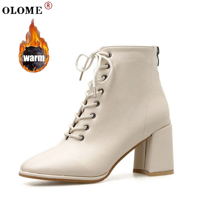 

Ladies Plush Warm Ankle Boots Chelsea Style Square Toe Faux Fur Zipper Lace Up Ankle Boots High Heels Autumn 2021
