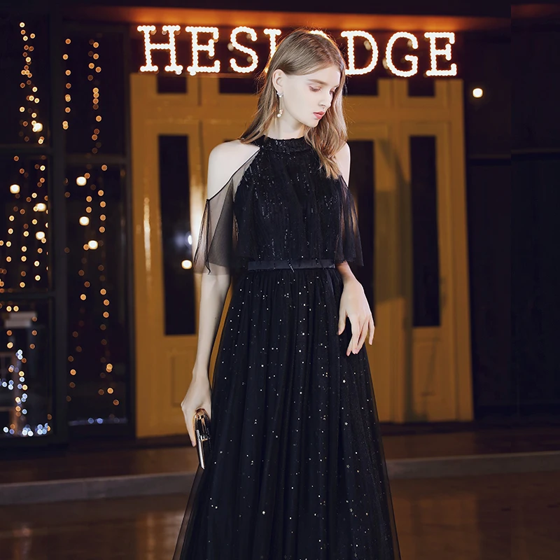 

Elegant Black Bridesmaid Dresses With Sequins 2020 Sexy V-neck Spaghetti Straps Off The Shoulder Long Wedding Party Dresses