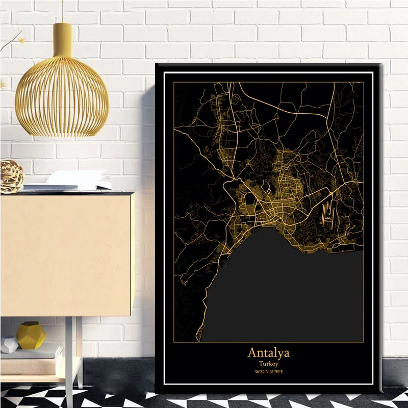 Antalya Турция черный и золотой город легкие карты индивидуальные карта городов