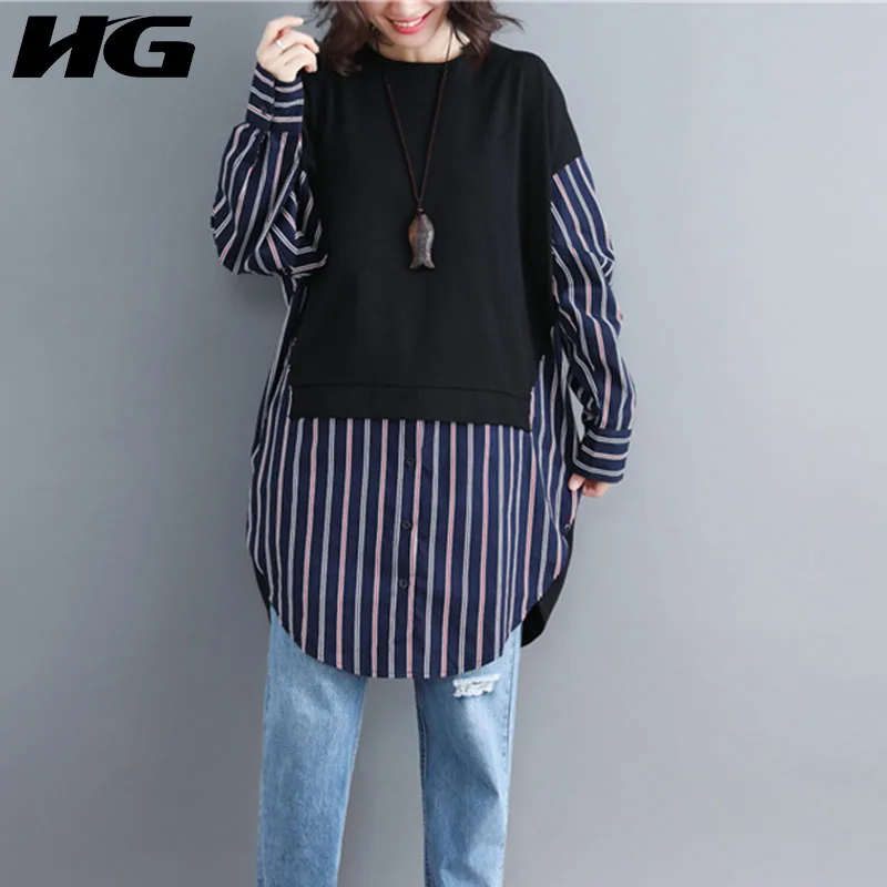 HG полосатая рубашка большого размера с длинными рукавами Женские топы и блузки
