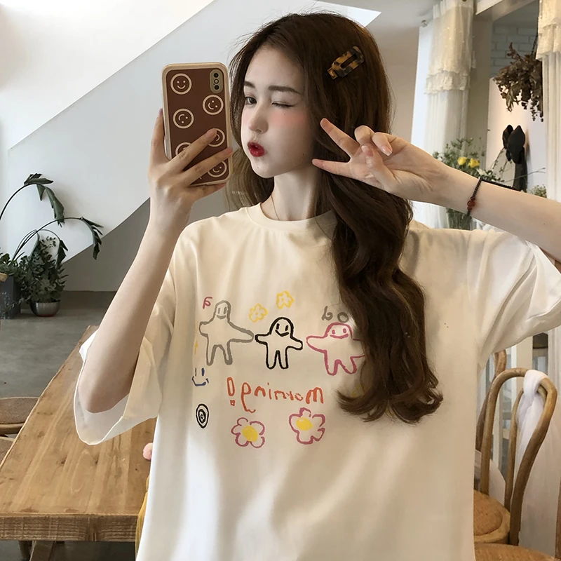 

YTX854 2021 new Korean version of loose cartoon print all-match age reduction round neck pullover short sleeve T-shirt