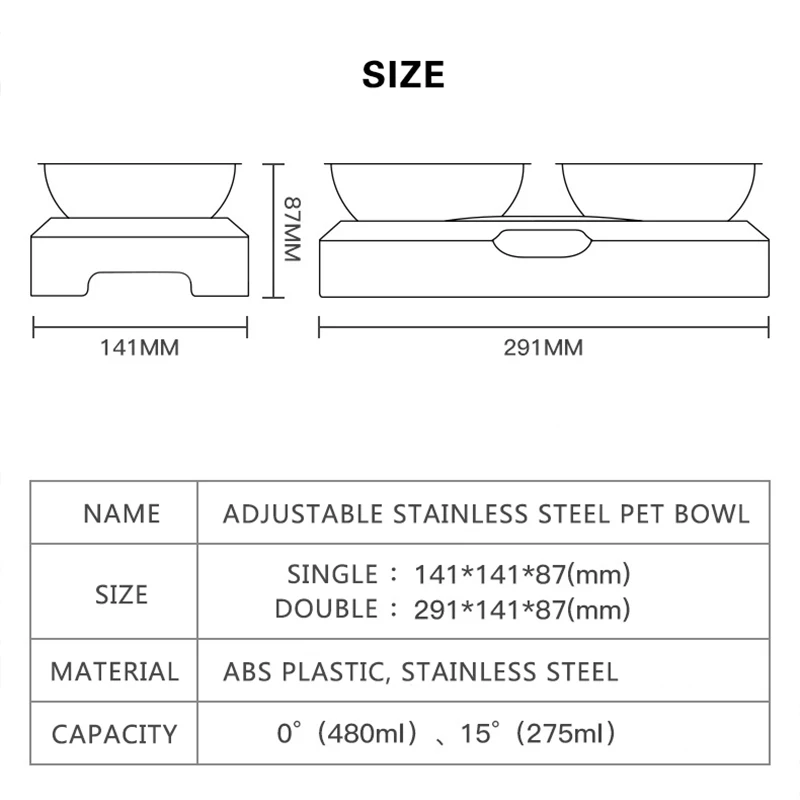 

Stainless Steel Double Bowls Adjustable Non-Slip Easy to Clean Pet Cat Food and Water Bowls for Large Capacity Pets Feeding