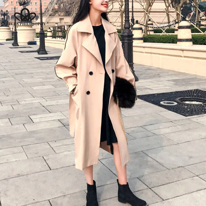 Женский двубортный Тренч Bella philosophy повседневный тонкий с поясом в Корейском