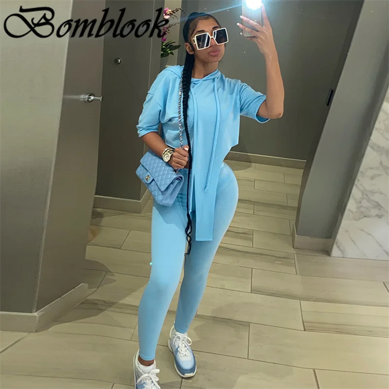 

Bomblook Casual Fashion Women's Suit Summer 2021 Hooded Irregularity Tops Tight Pants Set Vetement Femme Sprots Streerwears