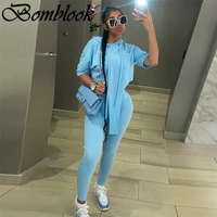 bomblook casual fashion womens suit summer 2021 hooded irregularity tops tight pants set vetement femme sprots streerwears