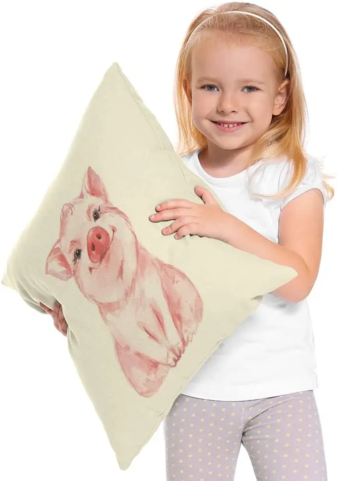 

Pig Pillow Lovely Pink Pig Watercolor Cotton Linen Pillow Covers Square Pillow Cases for Men Women Boys Girls Kids Cushion