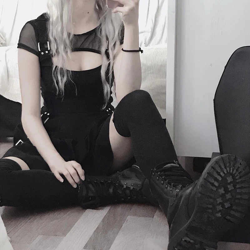 Готическое сексуальное летнее платье женское винтажное черное Сетчатое уличное