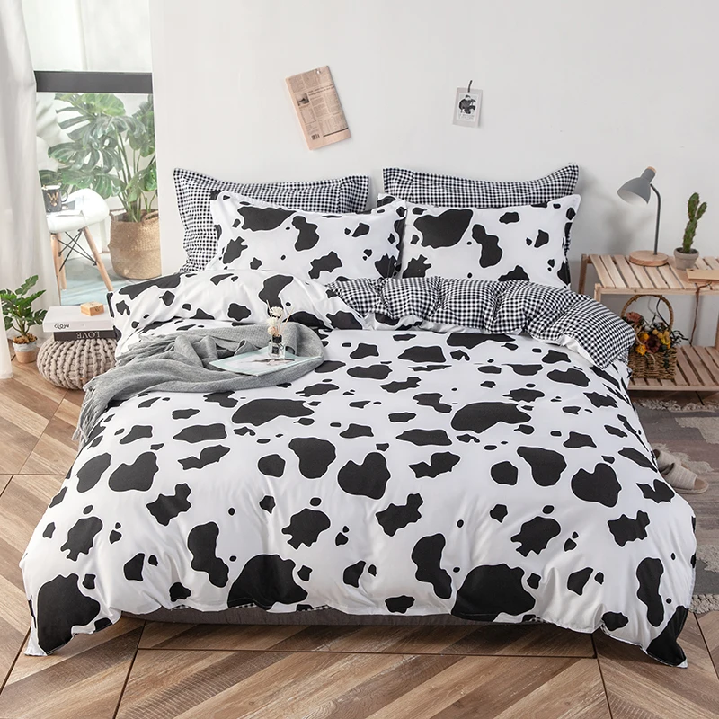 Cow Spot Printed Bedding Set Plaid Stripes 3pcs Duvet Cover Set With Pillowcase Queen King Size Bed Linens Home Textile