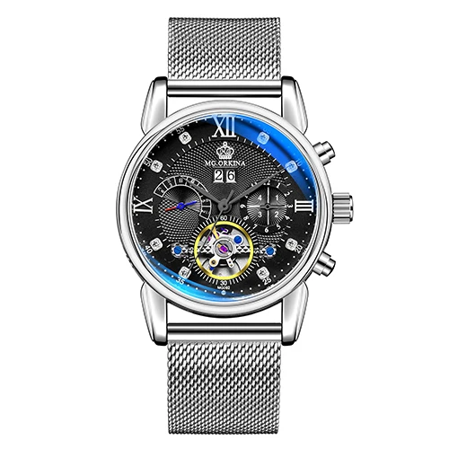 Silver black Бренд Orkina Tourbillon Мужские механические часы светящаяся Автоматическая Дата Натуральная кожа ремешок мужской платье часы механические стимпанк - Цвет: Silver black
