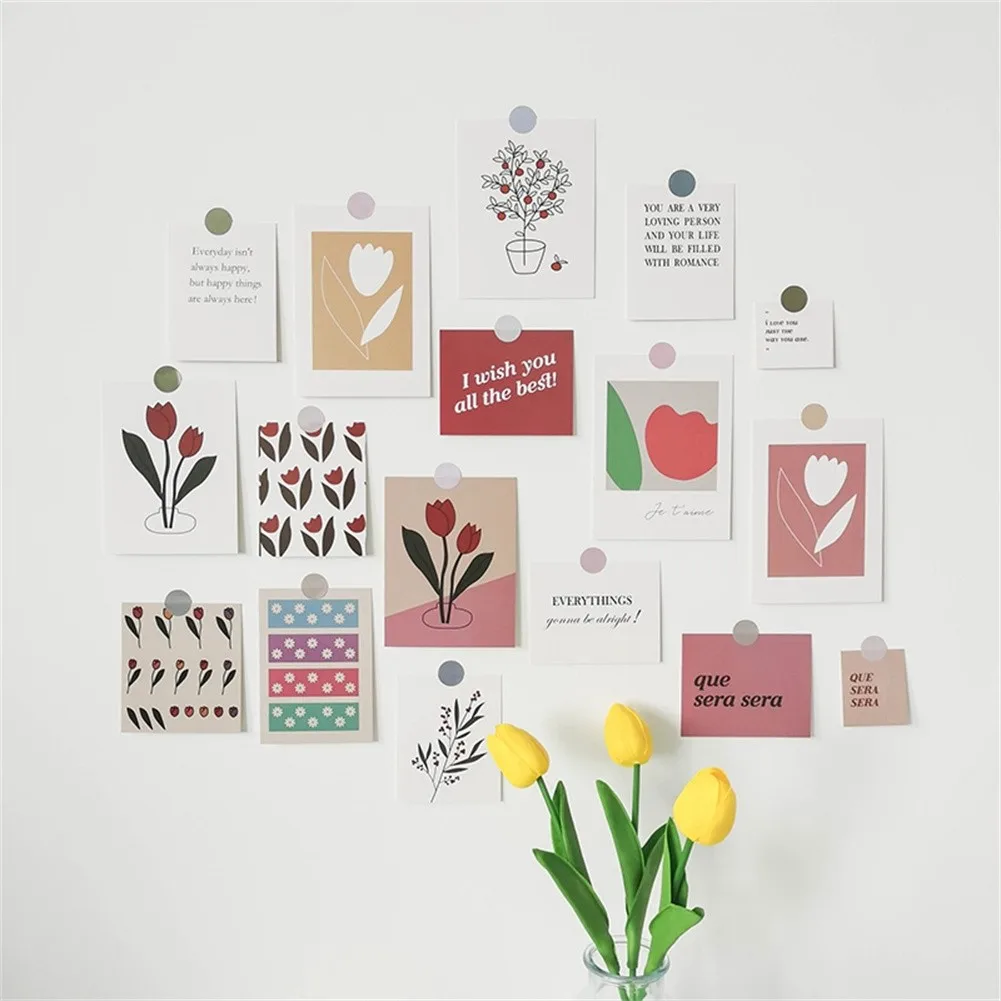 

17pcs Art Literary Paper Card Tulip Postcard Oil Painting Card Wall Decor Creative Thanks Card Dormitory Room Layout Wall Decor