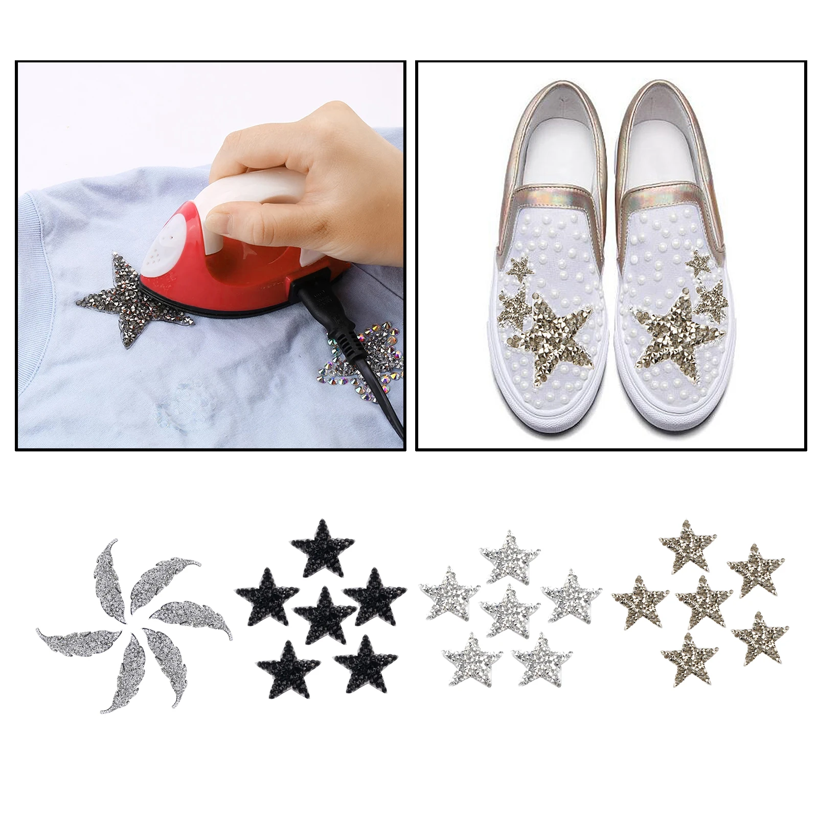 

6 PIECES Rhinestone Star Patches Appliques Iron on Sew-on Patch