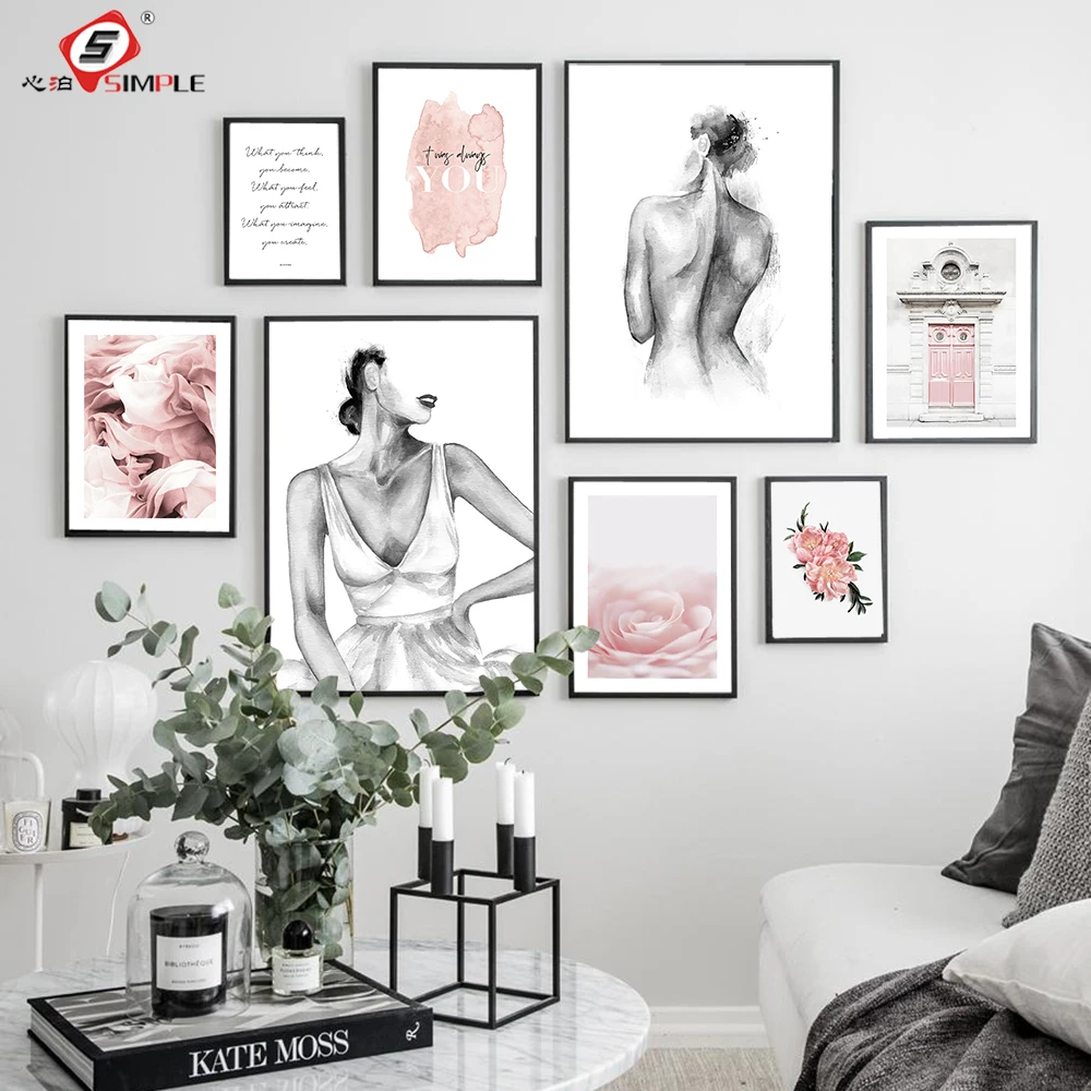 

Romantic Fashion Pink Peonies Rose Poster Silk Dress Watercolour Print Canvas Art Painting Wall Pictures Modern Girl Room Decor