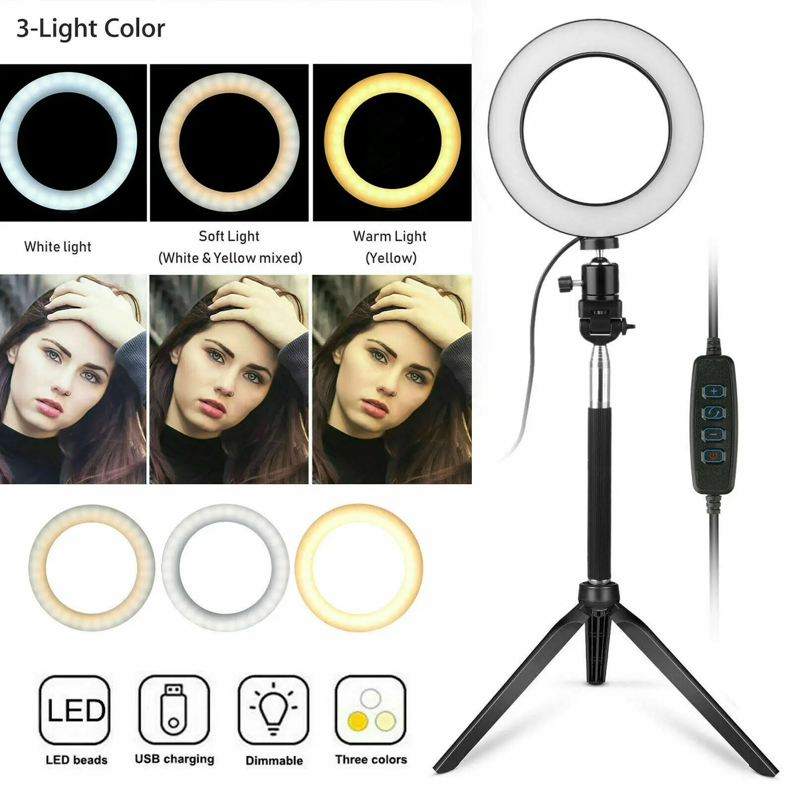 

16CM LED Selfie Ring Light Tripod Stand Dimmable For Phone Video Live Makeup Camera